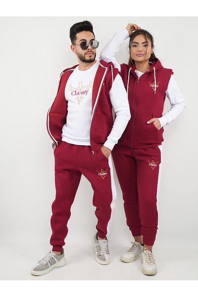 CLASSY.MODA Tracksuit Set - 3 Pieces - Winter Thick Fabric - Nakiş - Hooded - 3 Thread Raised - Fıyat Single
