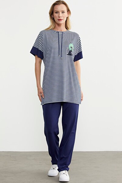 Sementa Navy Blue Striped Combed Cotton Pants Set