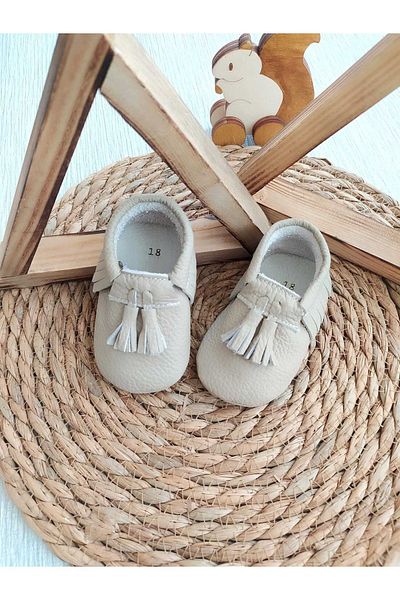 MİNİBİRİ King Model Beige Color Baby Moccasin Booties Baby Shoes