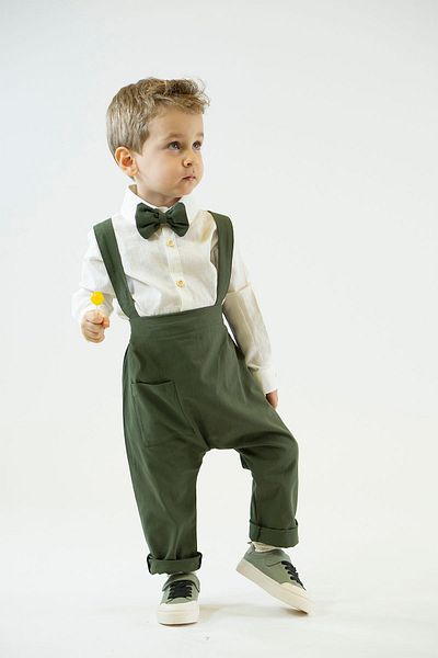 Catz Kids Khaki Linen Harem Salopette and Shirt - Bow Tie (Set of 3)