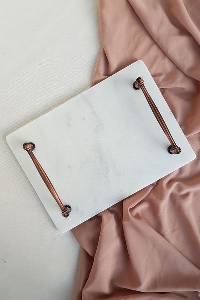 ioadesign Daffodil Real Thin Marble Groom Coffee Tray 28x20 Cm - Antique Copper Handle