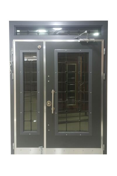 Tezdoor Celik Kapi Model Çelik Kapı, Antrasit Rengi Camlı Bina Giriş Kapısı Sol Açılım