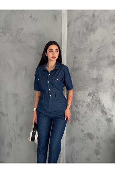 efstyle Salopetă Mom Denim cu mânecă scurtă