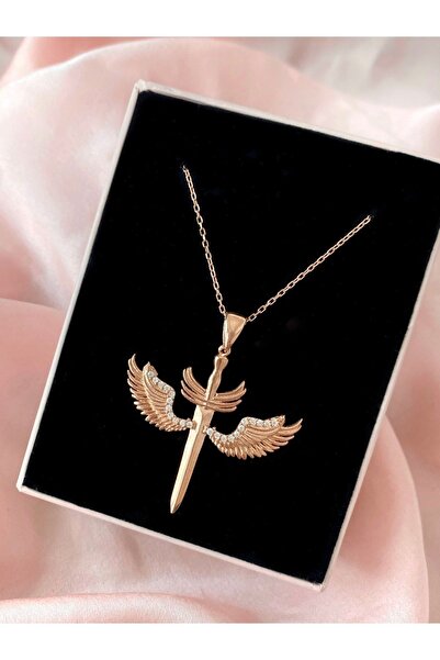 Alaja Silver Mikail Meleği Beyaz Taşlı Rose 925 Ayar Gümüş Kolye