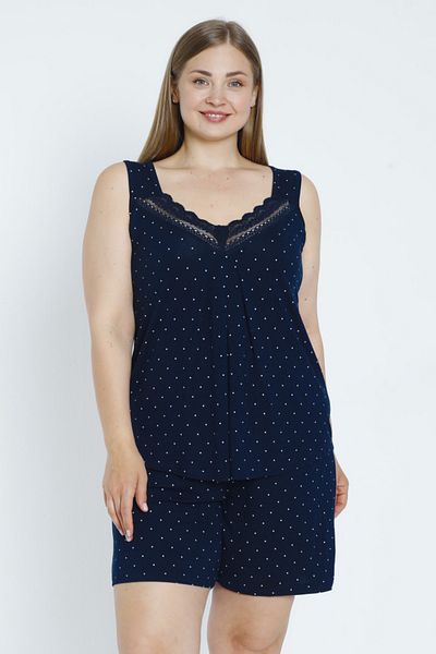 Lagertha by İntensive Women's Polka Dot Navy Blue Large Size Bottom Top Flexible Viscose Nightgown Set