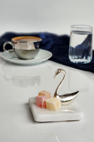 ioadesign Silver Groom Coffee Set: Cup + Water Cup + Swan Figured Marble Turkish Delight Bowl