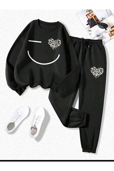 Deocept Set de trening oversize pentru damă - Decolteu crew, Set de partea de jos și de sus cu imprimeu, Boyfirend