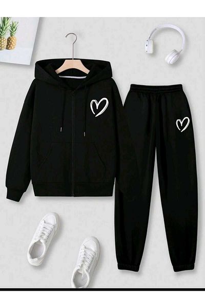 Deocept Heart Patterned Knitted Tracksuit Set - Full Zipper, 2 Thread