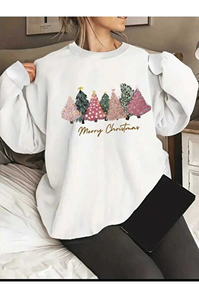 Deocept Λευκό φούτερ Unisex Oversize με λαιμόκοψη - Πρωτοχρονιάτικο θέμα