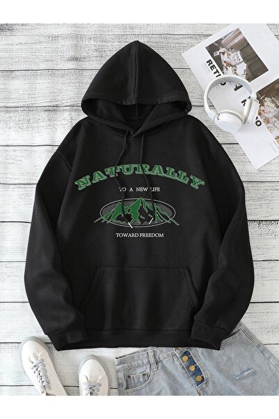 Deocept Hanorac oversize negru unisex cu glugă - Imprimat natural