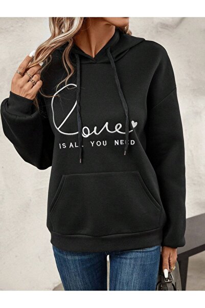 Deocept Hanorac unisex negru oversize cu glugă - LOVE Is All You Need Printed