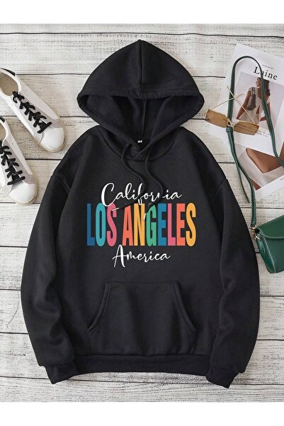 Deocept Los Angeles Printed - Unisex Black Oversize Hooded Sweatshirt