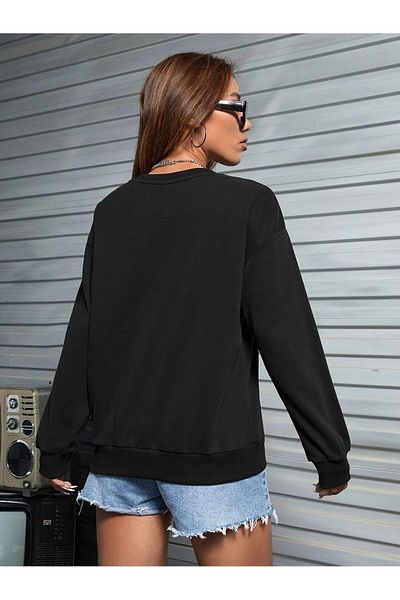 Deocept Hanorac unisex supradimensionat, 6 bucăți, imprimat cu pisici, lung, colorat, negru - Gât crew