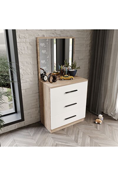 Afilli 3 Çekmeceli Şifonyer Aynalı Tamamı Mdf  Flora Beyaz