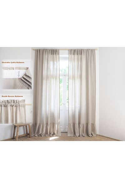 MADAMHATCE Frilly Linen Vintage 100% Cotton Buldan Woven Sunshade Curtain (Beige) Non-Pleated Extrafor Drawstring