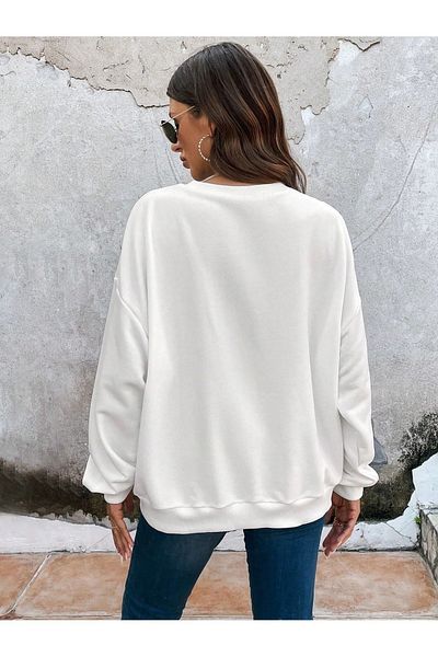 Deocept Hanorac alb oversize unisex - Imprimat rece, decolteu