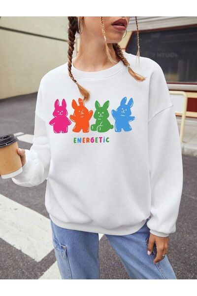 Deocept ENERGETİC Надрукований 4-комплект білих оверсайз-светрів з кролячим візерунком