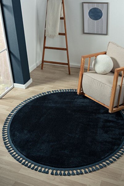 LİNOS HOME Puffy Mavi Yuvarlak Saçaklı Peluş Halı Yumuşacık Yıkanabilir Kayma...