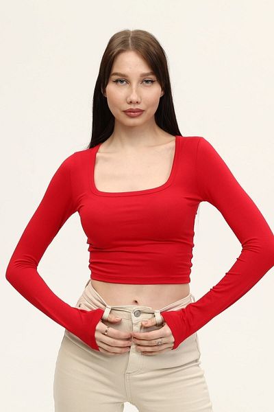 LAENT Women's Red Square Neck Long Sleeve Crop Blouse
