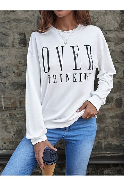 Deocept Hanorac oversize negru - unisex, cu gât crew, imprimat OVER Thinking