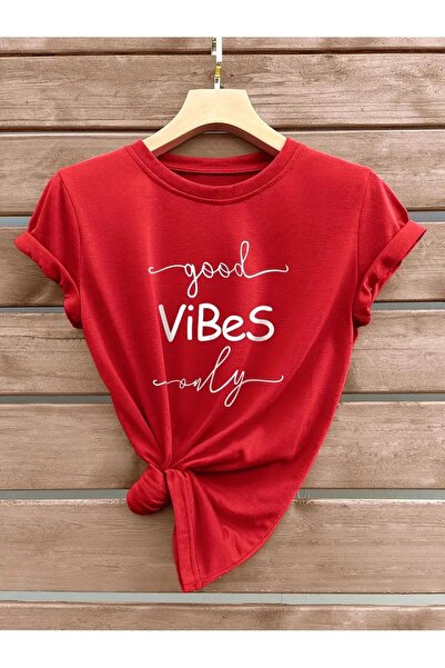 MAGORS Tricou pentru damă din bumbac cu gât roșu Good Vibes - Imprimat