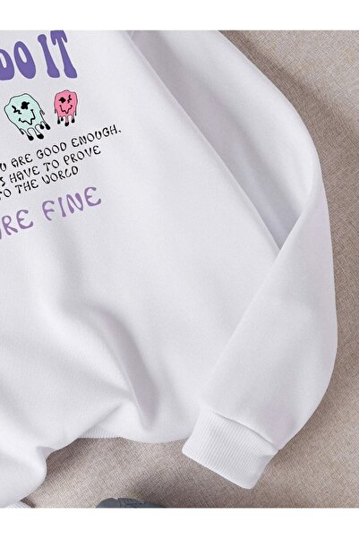 Deocept Λευκό Oversize Φούτερ - Γυναικείο, You Can Do It Printed