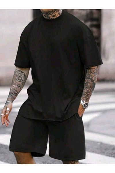 Deocept Set de tricou și pantaloni scurți oversize alb-negru pentru bărbați