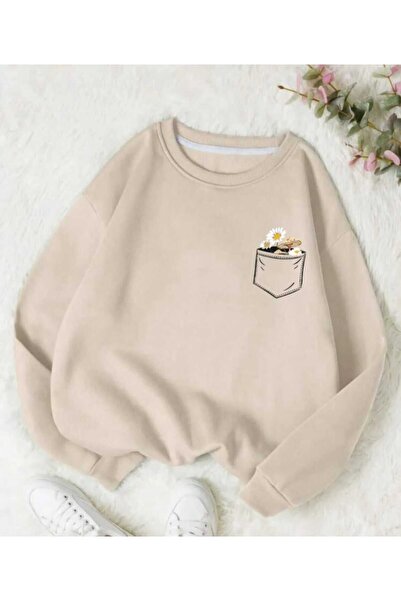 Deocept Top de trening oversize cu imprimeu cu buzunare florale cu decolteu