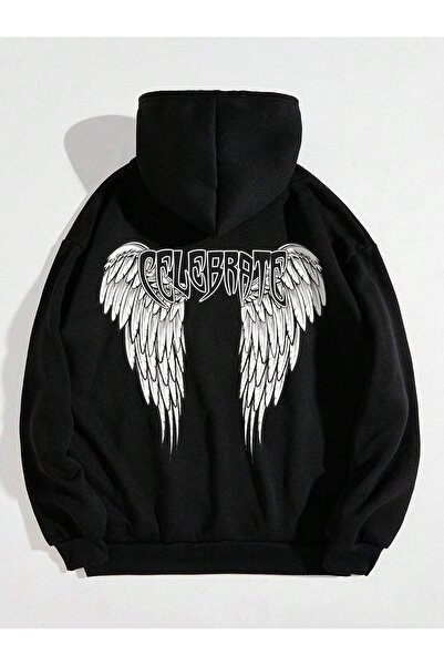 Deocept CELEBRATE Black Oversize kroj Sa kapuljačom Unisex majica - Wing Štam...