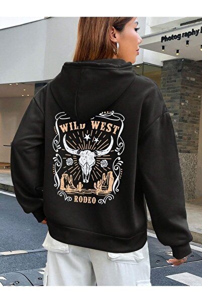 Deocept WILD WEST Rodeo Printed Unisex Oversize Black Hooded Sweatshirt