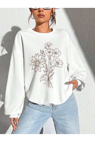 Deocept Hanorac oversize unisex cu imprimeu buchet de flori albe - decolteu