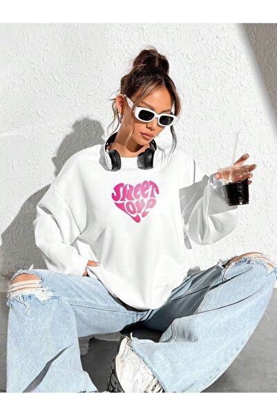 Deocept Φούτερ με λαιμόκοψη Unisex Λευκό Oversize - Sweet Love Printed