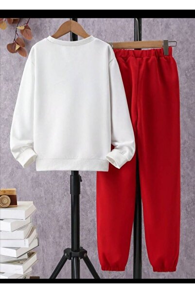 Deocept Λευκό φούτερ με λαιμόκοψη - Πρωτοχρονιάτικο εμπριμέ, κόκκινο πάτο, Unisex Oversize