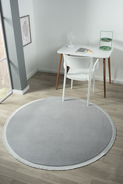 LİNOS HOME Puffy Açık Gri Yuvarlak Düz Saçaklı Peluş Yumuşacık Yıkanabilir Kaymaz Taban Halı Salon Oturma Odası