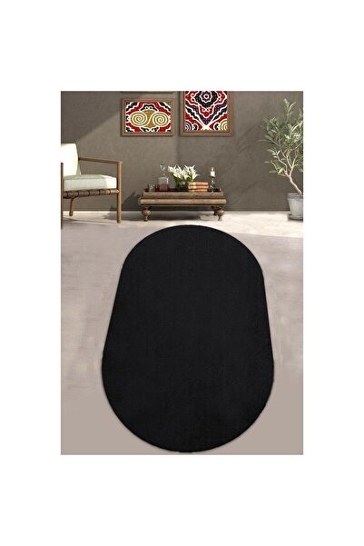 LİNOS HOME Siyah Fluffy Oval Post Peluş Halı Antibakteriyel Kaymaz Taban Yumu...