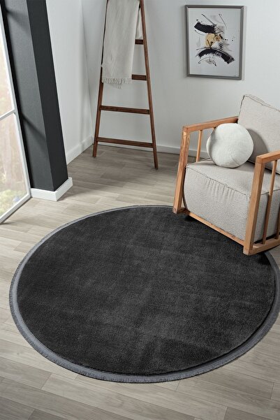 LİNOS HOME Puffy Antrasit Yuvarlak Düz Saçaklı Peluş Yumuşacık Yıkanabilir Ka...