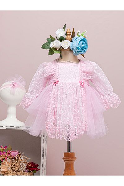 MİNİBORN Newborn Girl Long Sleeve Pink Fairytale Dress Dress Set