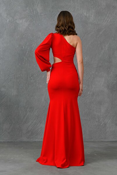 bayansepeti Red Stretch Crepe Fabric Single Sleeve Slit and Low-cut Design Maxi Dress582286
