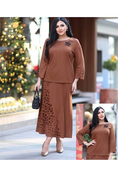 Yeşilmoda Suit Skirted Double Cotton Fabric High Quality Brown