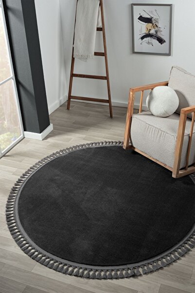 LİNOS HOME Puffy Antrasit Yuvarlak Saçaklı Peluş Yumuşacık Yıkanabilir Kaymaz...