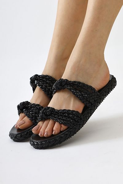 Limoya Nessa Black Patent Leather Knitted Banded Women's Slippers