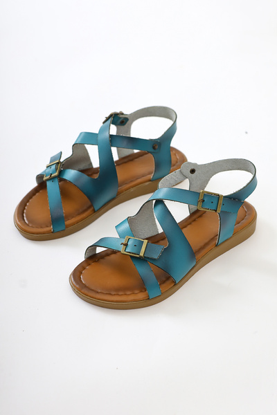 Limoya Γυναικεία σανδάλια από γνήσιο δέρμα Belize Turquoise Cross Strap