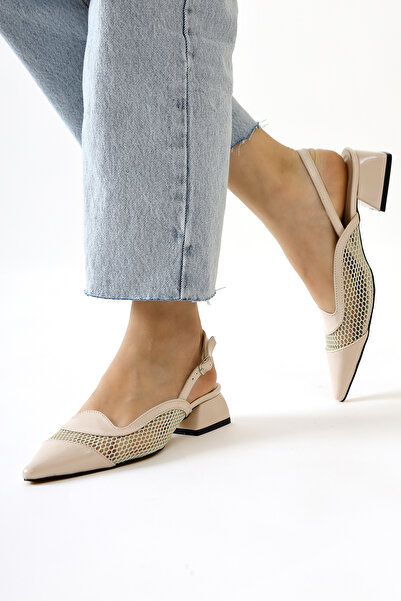 Limoya Thamara Beige Patent Leather Pointed Toe Mesh Detailed Short Heeled Women's Shoes