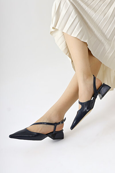 Limoya Rashel Navy Blue Patent Leather Pointed Toe Thin Cross-Strapped Low Heel Women's Shoes Offer Product