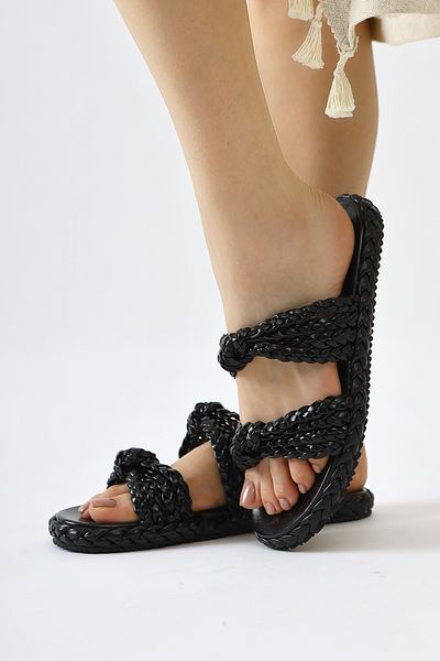 Limoya Nessa Black Patent Leather Knitted Banded Women's Slippers