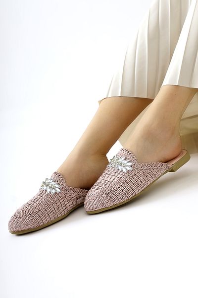 Limoya Marlina Pink Buckle Detailed Knitted Women's Slippers