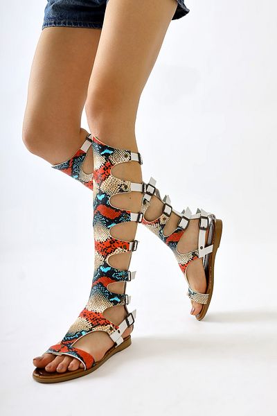 Limoya Lilith White-Colored Snakeskin Pattern Knee-Length Gladiator Women's Sandals