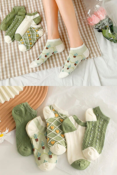 İbrahim Berk 5 пар жіночих шкарпеток зеленого кольору з канту, з рельєфним ві...