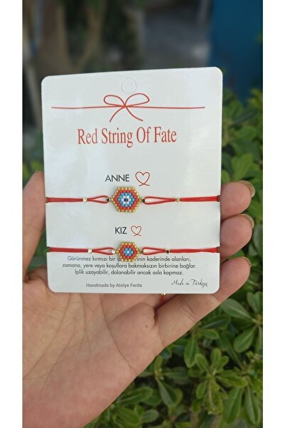 Atolye Ferda Anne Kız Kombin Miyuki Kırmızı Nazar Boncuğu Kırmızı İp Çift Bil...