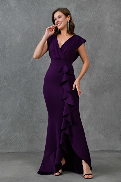 barış sülün lovebox فستان سهرة أرجواني مرن من قماش سكوبا مزدوج الصدر بدون أكم...